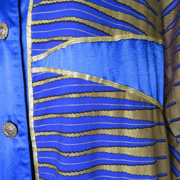 Vintage 70s Mod Coat Jacket L Blue Gold Mid Length Buttons Shoulder Pads Boho - Picture 5 of 15